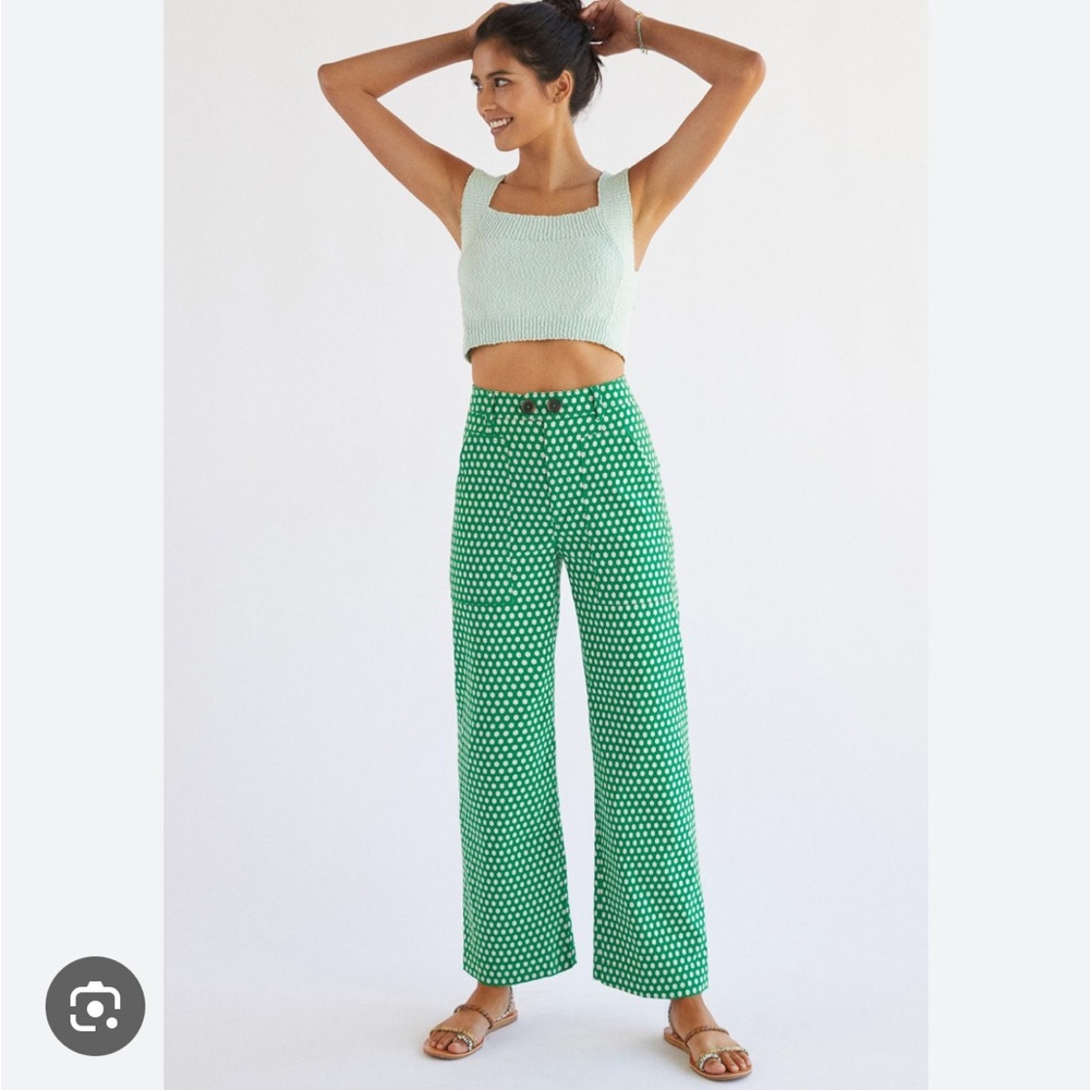 EUC Anthropologie Maeve Collette Wide Leg Cropped Pants Size 2 Green Daisy Print
